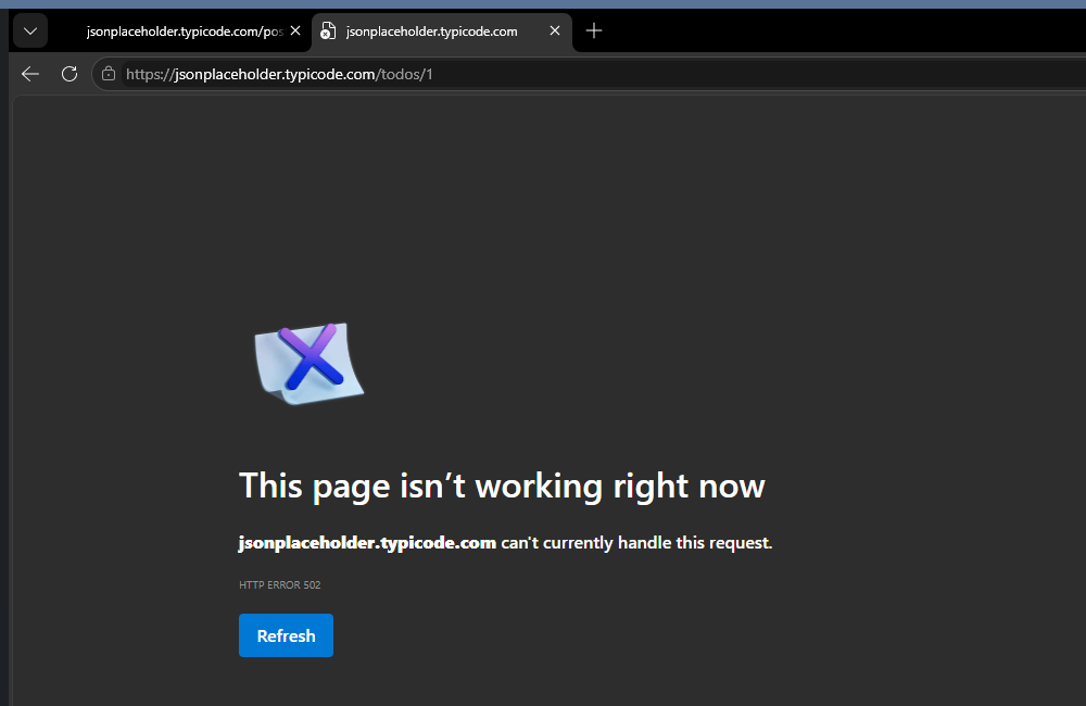 Microsoft Edge showing This page isn't working right now, with the line HTTP ERROR 502 and a Refresh button.
