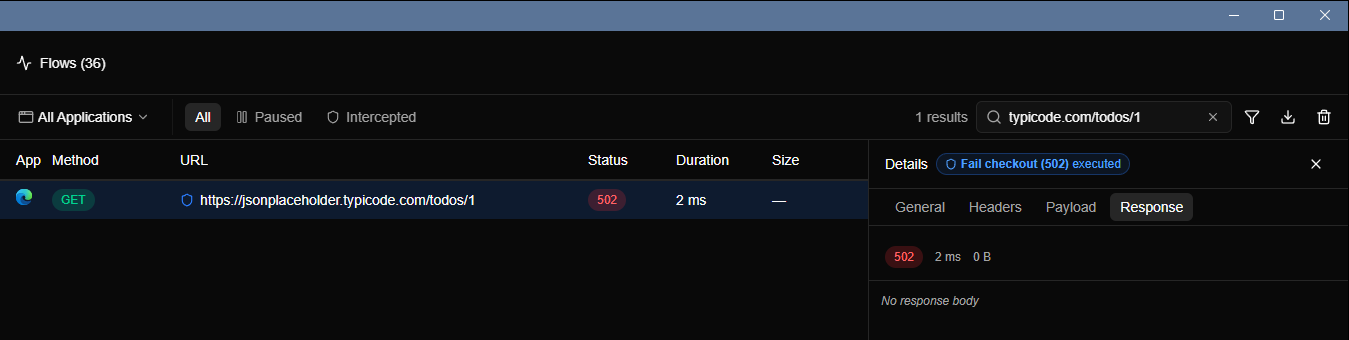 The Flows list with one row showing a shield icon, status 502 and a duration of 2 ms, and the Details panel with the badge Fail checkout (502) executed and the text No response body.