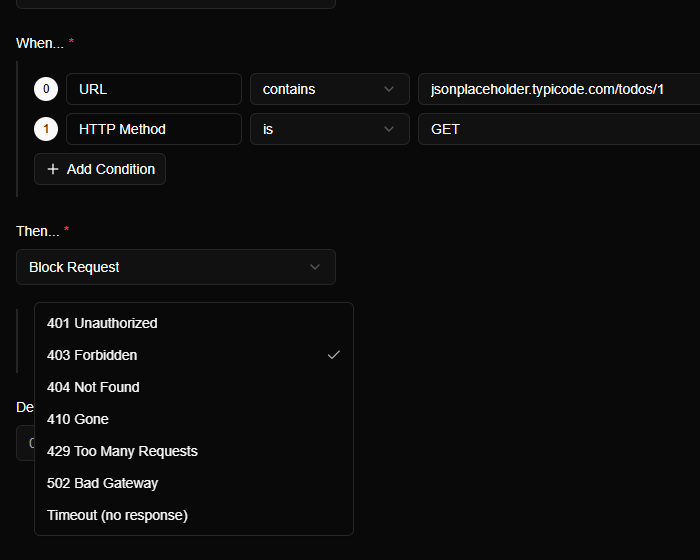 The Block Action dropdown listing 401 Unauthorized, 403 Forbidden, 404 Not Found, 410 Gone, 429 Too Many Requests, 502 Bad Gateway and Timeout (no response).