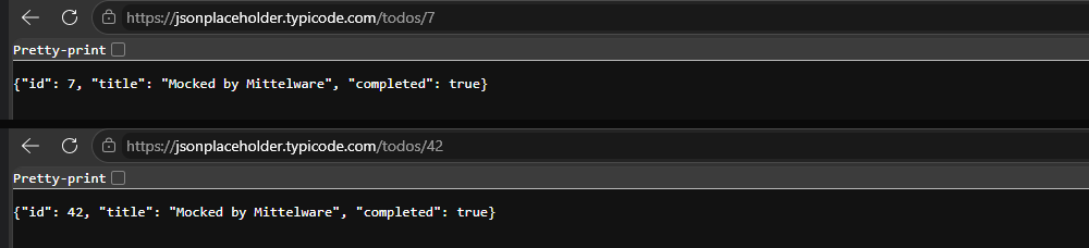 Two browser windows. The first shows todos/7 with the body id 7, title Mocked by Mittelware, completed true. The second shows todos/42 with id 42.