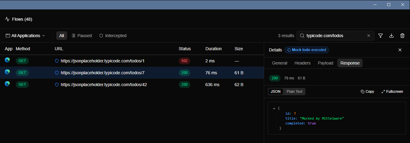 Flows showing three requests to todos. The selected one has a shield icon and a badge reading Mock todo executed, and the Response tab shows the mocked JSON.