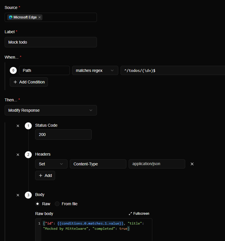 The Create Rule form: label Mock todo, a Path matches regex condition, and a Modify Response action with status 200, a Content-Type header and a JSON body that contains a template variable.