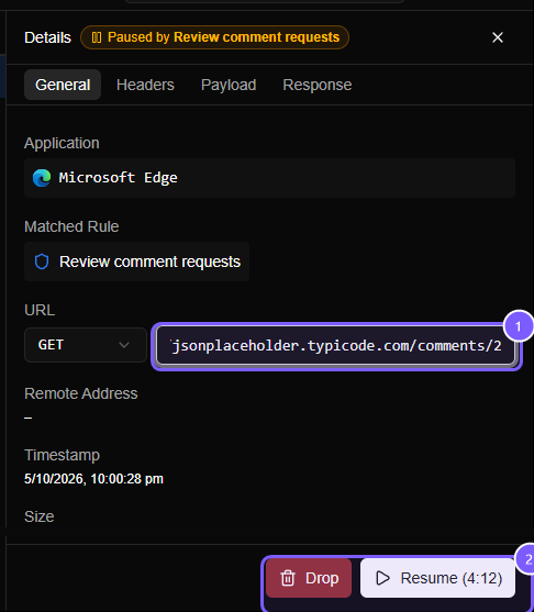 The paused request's Details panel, with the URL field editable and a Drop button and a Resume button at the bottom.