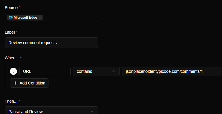 The Create Rule form with the label Review comment requests, a URL contains condition, and the action Pause and Review, with a note that matching requests are held for manual review.