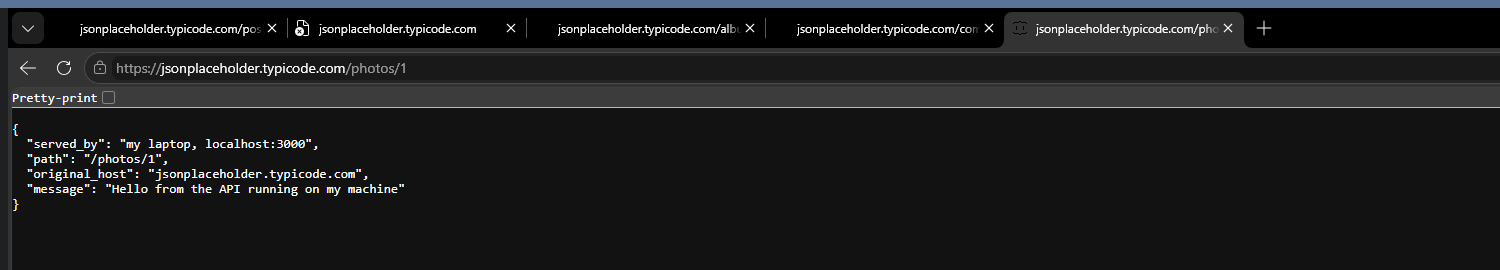 A browser whose address bar reads jsonplaceholder.typicode.com/photos/1 and whose page shows JSON saying served_by my laptop localhost:3000, path /photos/1, original_host jsonplaceholder.typicode.com.