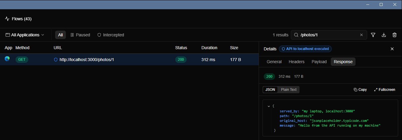 The Flows list with one row for http://localhost:3000/photos/1 with a shield icon and status 200, and the Details panel with the badge API to localhost executed and the local server's JSON.