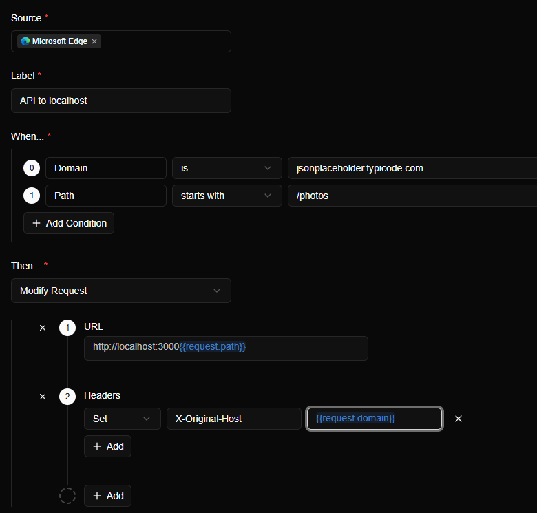 The Create Rule form: label API to localhost, conditions Domain is jsonplaceholder.typicode.com and Path starts with /photos, and Modify Request with the URL http://localhost:3000{{request.path}} and a header X-Original-Host set to {{request.domain}}.