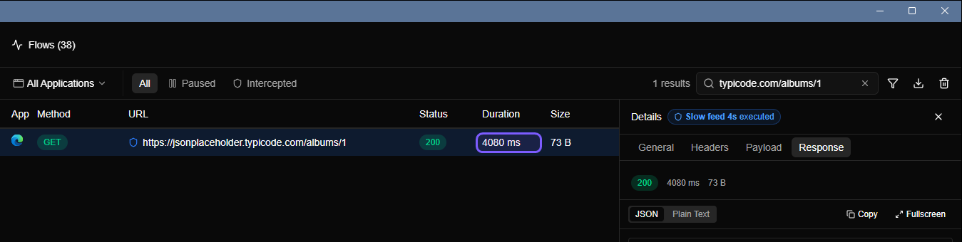 The Flows list with one row for albums/1 with status 200 and a highlighted Duration of 4080 ms, and a Details panel showing the badge Slow feed 4s executed.