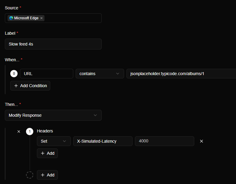 The Create Rule form: label Slow feed 4s, a URL contains condition, Modify Response with a Headers part setting X-Simulated-Latency to 4000, and a Delay of 4000 ms.