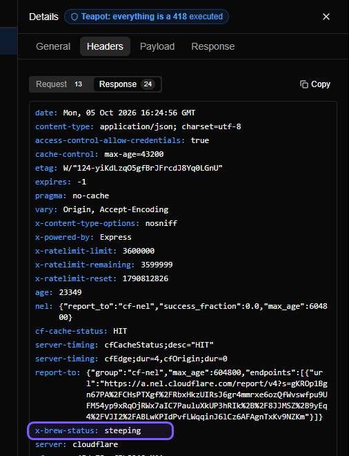 The response headers list, with the line x-brew-status: steeping highlighted near the bottom.