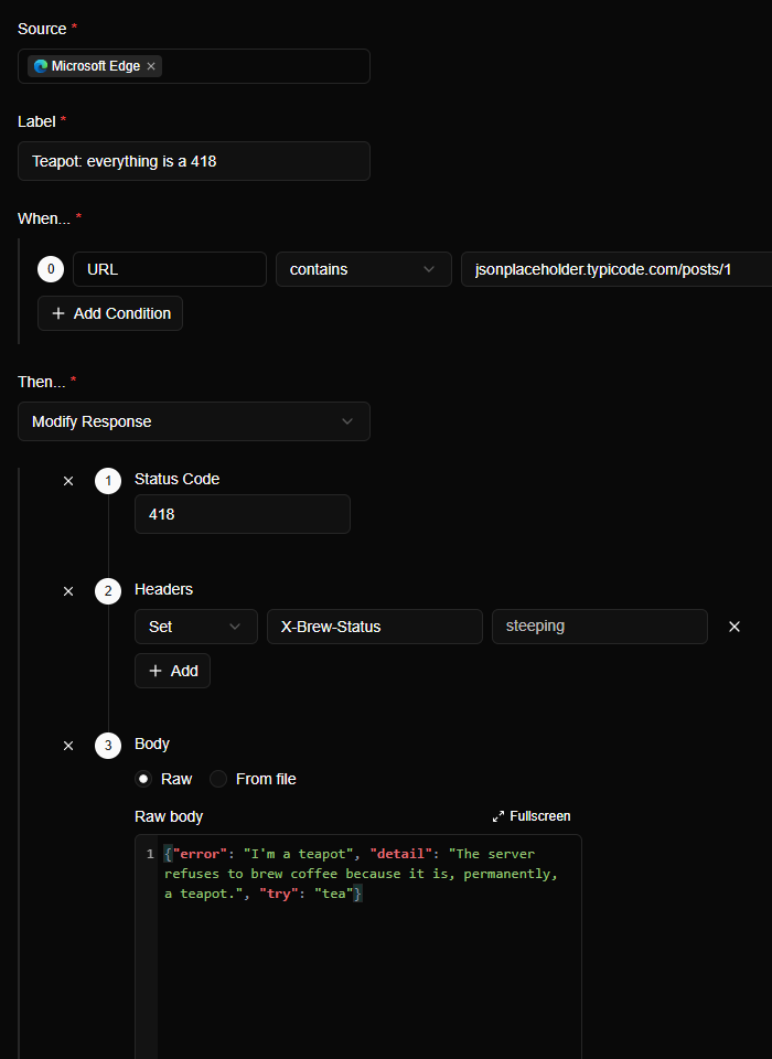 The Create Rule form: source Microsoft Edge, label Teapot: everything is a 418, a URL contains condition, and a Modify Response action with status code 418, an X-Brew-Status header and a JSON body.