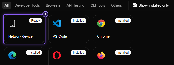 The Applications page with a Network device card first in the grid, badged Ready, before VS Code and Chrome.