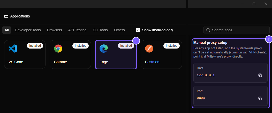 The Applications page with cards for VS Code, Chrome, Edge and Postman, and a Manual proxy setup panel showing host 127.0.0.1 and port 8080.