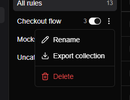The menu of the Checkout flow collection open, showing Rename, Export collection and Delete.