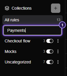 The collections panel with a box open under the title and the name Payments typed in it.