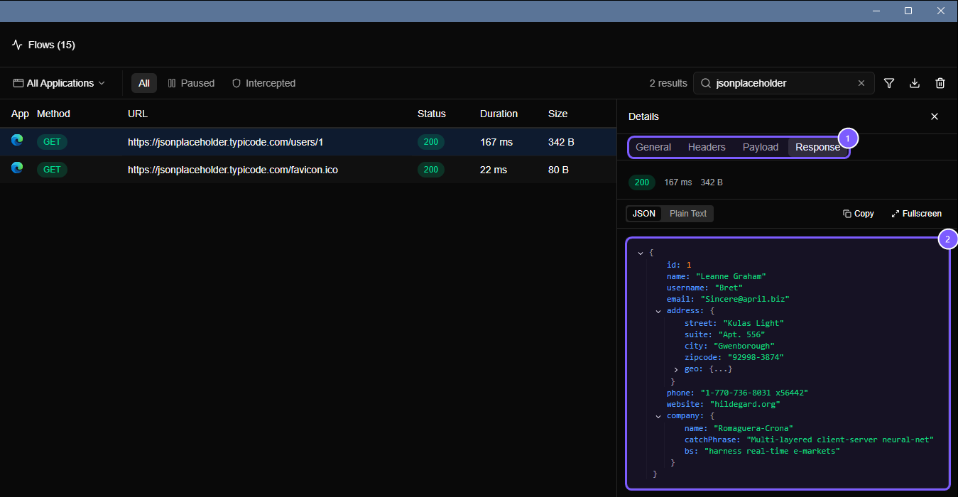 The Details panel on the right of the Flows list, showing the Response tab with a formatted, foldable JSON body.