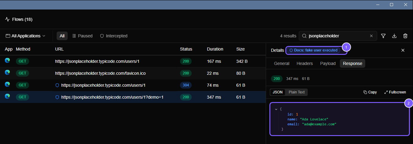 Flows with the Details panel open. A badge reading Docs: fake user executed, and below it the Response tab showing the replaced JSON body.