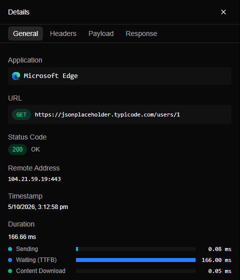 The General tab listing application, URL, status code, remote address, timestamp and a timing breakdown.