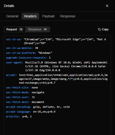 The Headers tab showing request headers such as user-agent, accept and sec-fetch-mode.