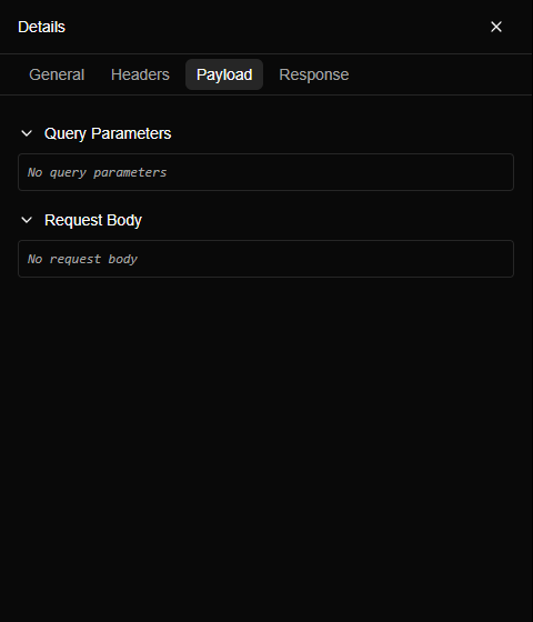 The Payload tab with Query Parameters and Request Body sections, both empty.
