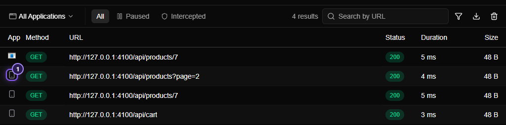 The Flows list with four requests. The first, from this computer, shows an application icon. The other three, from a phone, show a small phone icon.