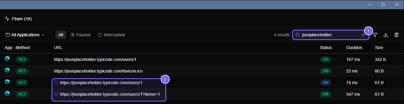 The Flows list filtered to jsonplaceholder, showing rows with an app icon, method, URL, status, duration and size.
