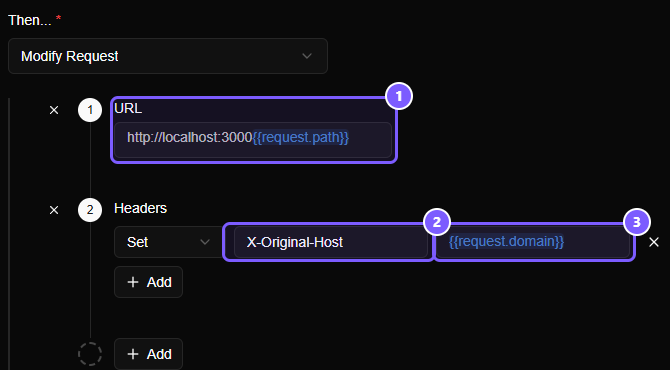 A Modify Request rule with a URL step set to http://localhost:3000 followed by the variable request.path, and a Headers step that sets X-Original-Host to the variable request.domain.