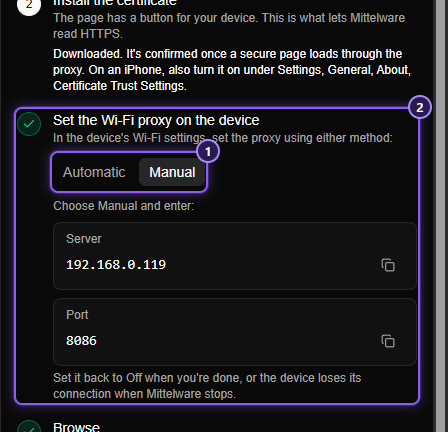 The Manual tab of the Connect a device panel: Server 192.168.0.119 and Port 8086, each with a copy button, and a note to set the proxy back to Off when you're done.