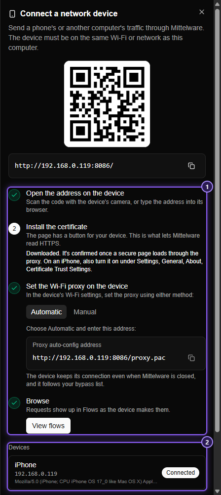 The same panel after an iPhone opened the page, downloaded the profile and browsed. The steps are ticked, and an iPhone is listed as Connected.