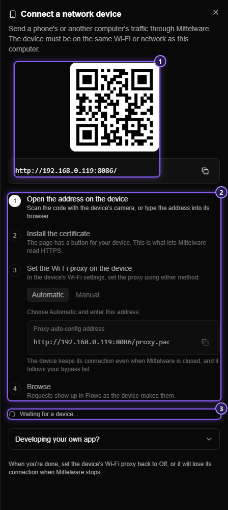The Connect a network device panel: a QR code, the address http://192.168.0.119:8086/ under it, four steps, and a Waiting for a device line at the bottom.