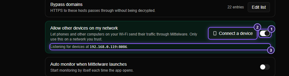 The Allow other devices on my network card in Settings, switched on. A Connect a device button sits beside the switch, and a line under the text reads Listening for devices at 192.168.0.119:8086.