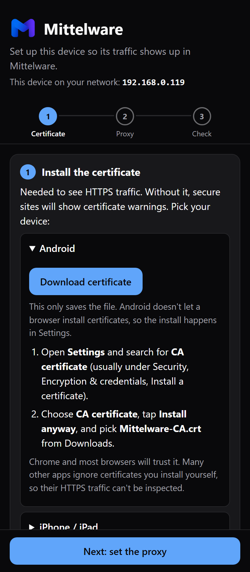 The Mittelware setup page on an Android phone, with the Android section open: a Download certificate button, a note that this only saves the file, and the two steps to install it from Settings.