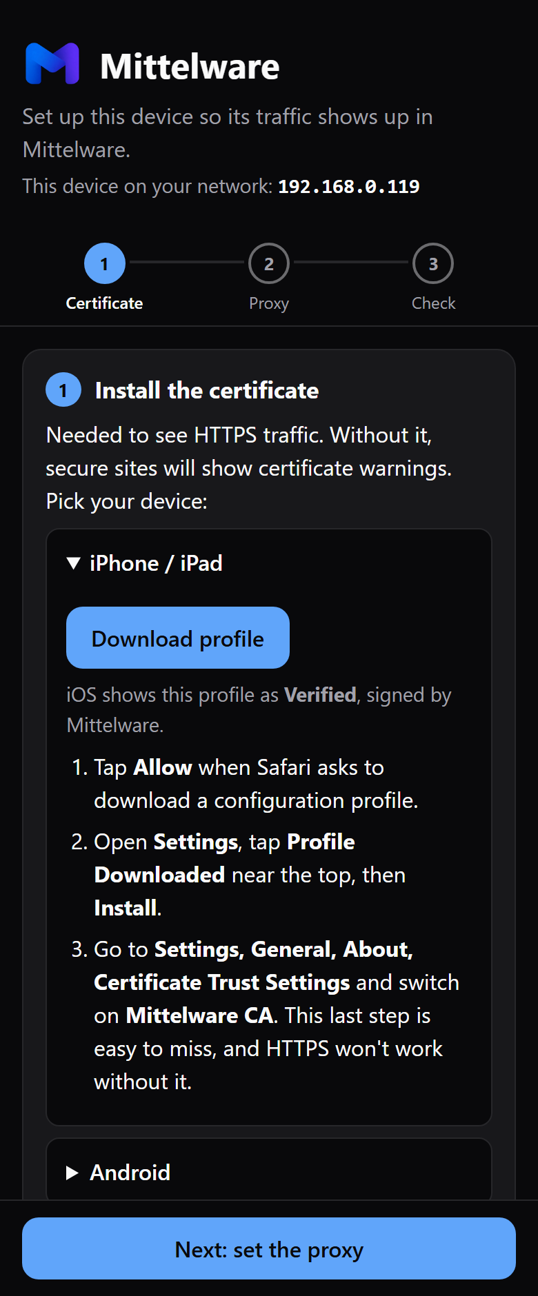 The Mittelware setup page on an iPhone: three steps, and an open iPhone / iPad section with a Download profile button and three instructions.