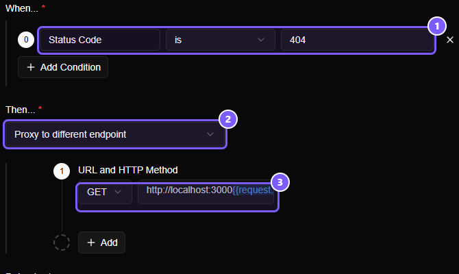 A rule with a Status Code is 404 condition and the action Proxy to different endpoint, with a URL and HTTP Method step holding GET and http://localhost:3000 followed by a template variable.
