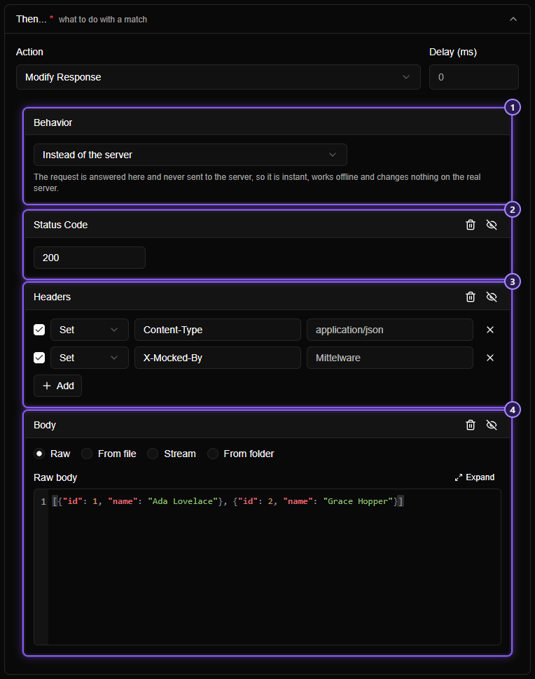 The Then section of a rule set to Modify Response, Instead of the server, with a Status Code card holding 200, a Headers card with Content-Type application/json and X-Mocked-By Mittelware, and a Body card with a raw JSON list of two users.