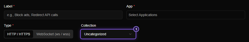 The top of the rule form: Label, App, Type and a Collection box showing Uncategorized.