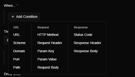 The Add Condition menu in three columns: URL (URL, Scheme, Domain, Port, Path), Request (HTTP Method, Request Header, Param Key, Param Value, Request Body) and Response (Status Code, Response Header, Response Body).