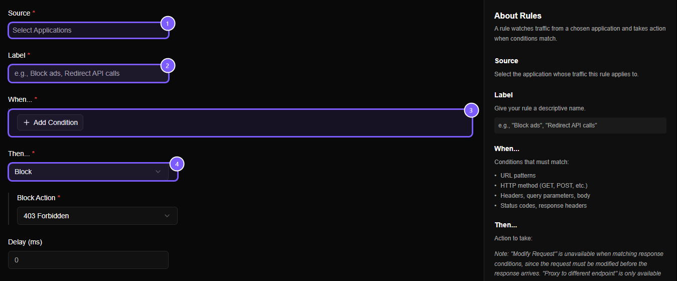 The empty Create Rule form with numbered areas for Source, Label, When, and Then, and the About Rules help panel on the right.