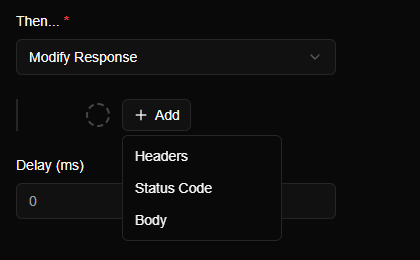 The Add menu under Modify Response, offering Headers, Status Code and Body.