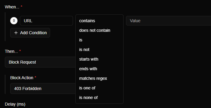 The operator list: contains, does not contain, is, is not, starts with, ends with, matches regex, is one of, is none of.