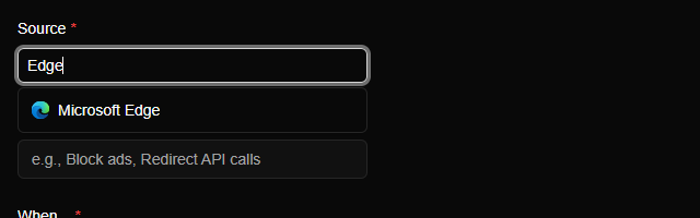 The Source box with Edge typed in, and one suggestion: Microsoft Edge.