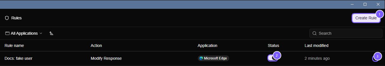 The Rules list with one rule named Docs: fake user, with three numbered areas: the Create Rule button, the on/off switch and the row menu.