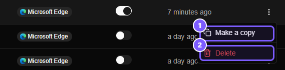 The three-dot menu of a rule open, showing Make a copy and Delete.