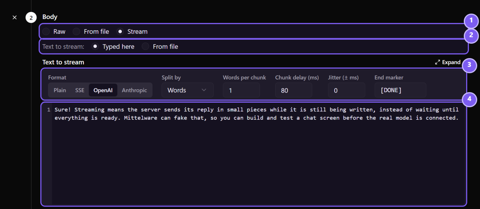 The Body step of a rule in Stream mode: three options for how the body is supplied, a choice of where the text to stream comes from, a row of stream settings and a text editor holding the text.