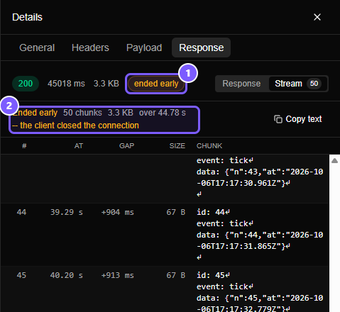 The Response tab of a flow that was closed by the client, with an amber ended early badge and a status line that reads the client closed the connection.