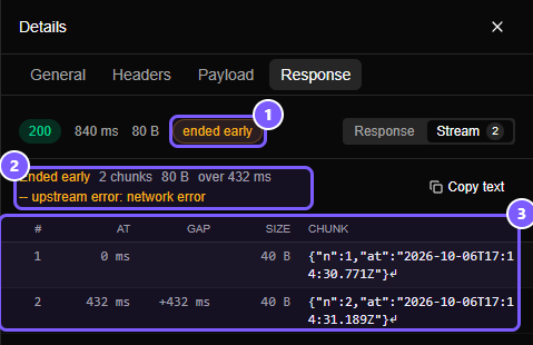 The Stream view of a flow that ended early with an upstream error, showing two chunks, an amber ended early badge and the text upstream error network error.