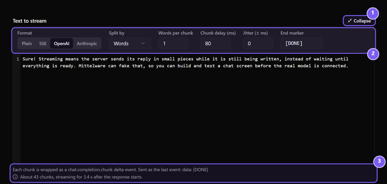 The editor expanded to fill the content area, with the stream settings row above the text and the summary below it.