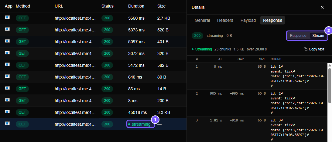 The Flows list with several finished requests and one that shows a green streaming label in the Duration column, next to the details panel with a Response and Stream switch.