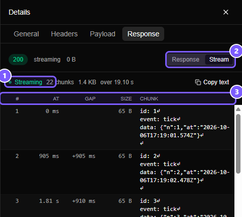 The Stream view while the stream is running: a green Streaming label, a chunk count, the column headings and the first chunks.