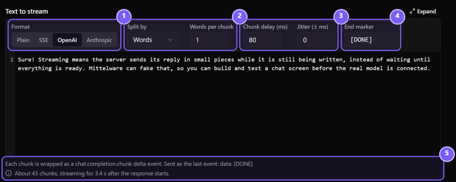 The stream settings row above the editor: Format, Split by with the number per chunk, Chunk delay and Jitter, and the end marker, and under the editor a summary saying about 43 chunks over 3.4 seconds.